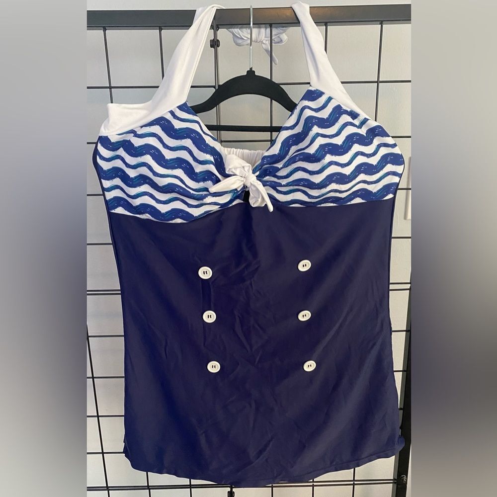 Plus Size Vintage Style Navy and White One Piece Bathing Suit NWT